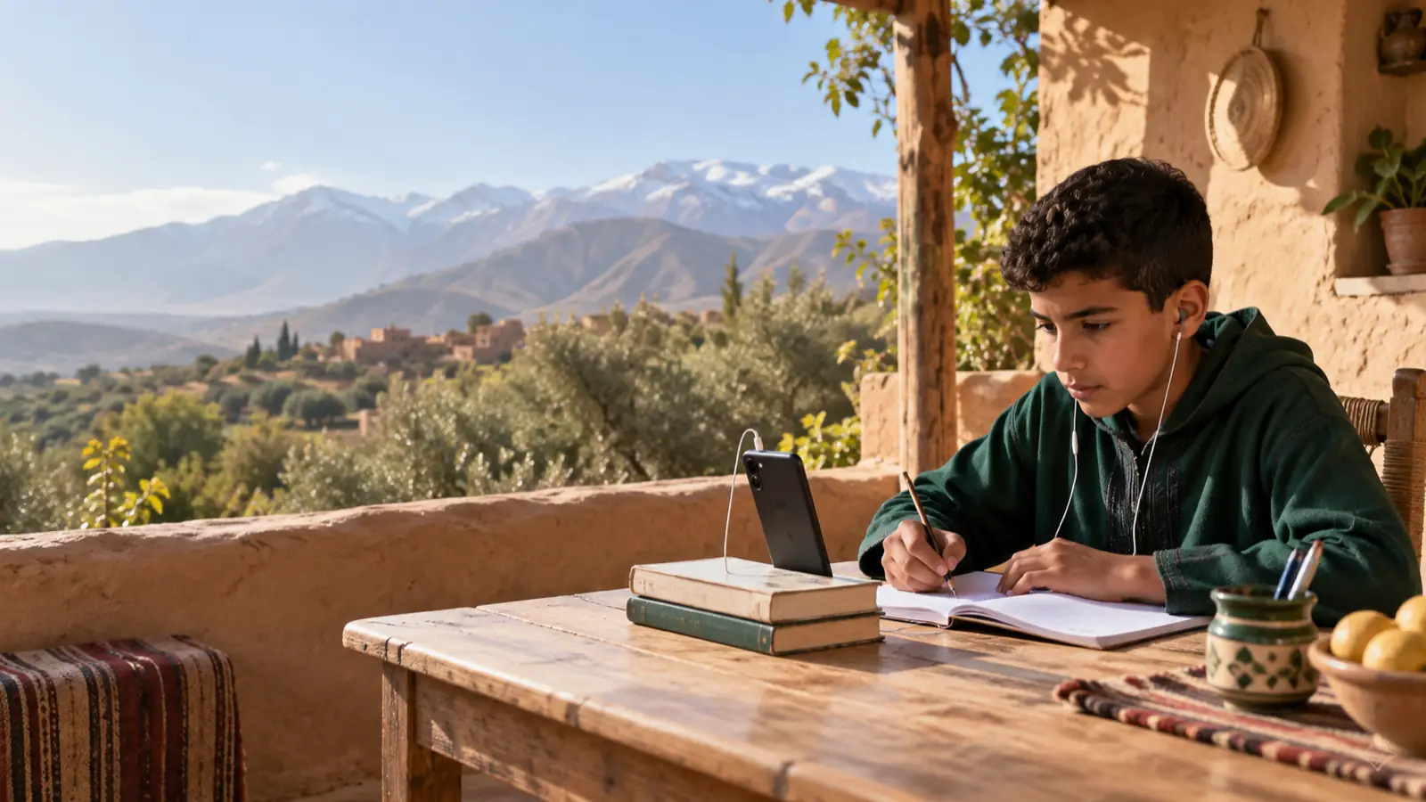 Un collégien étudie avec un téléphone dans la campagne marocaine