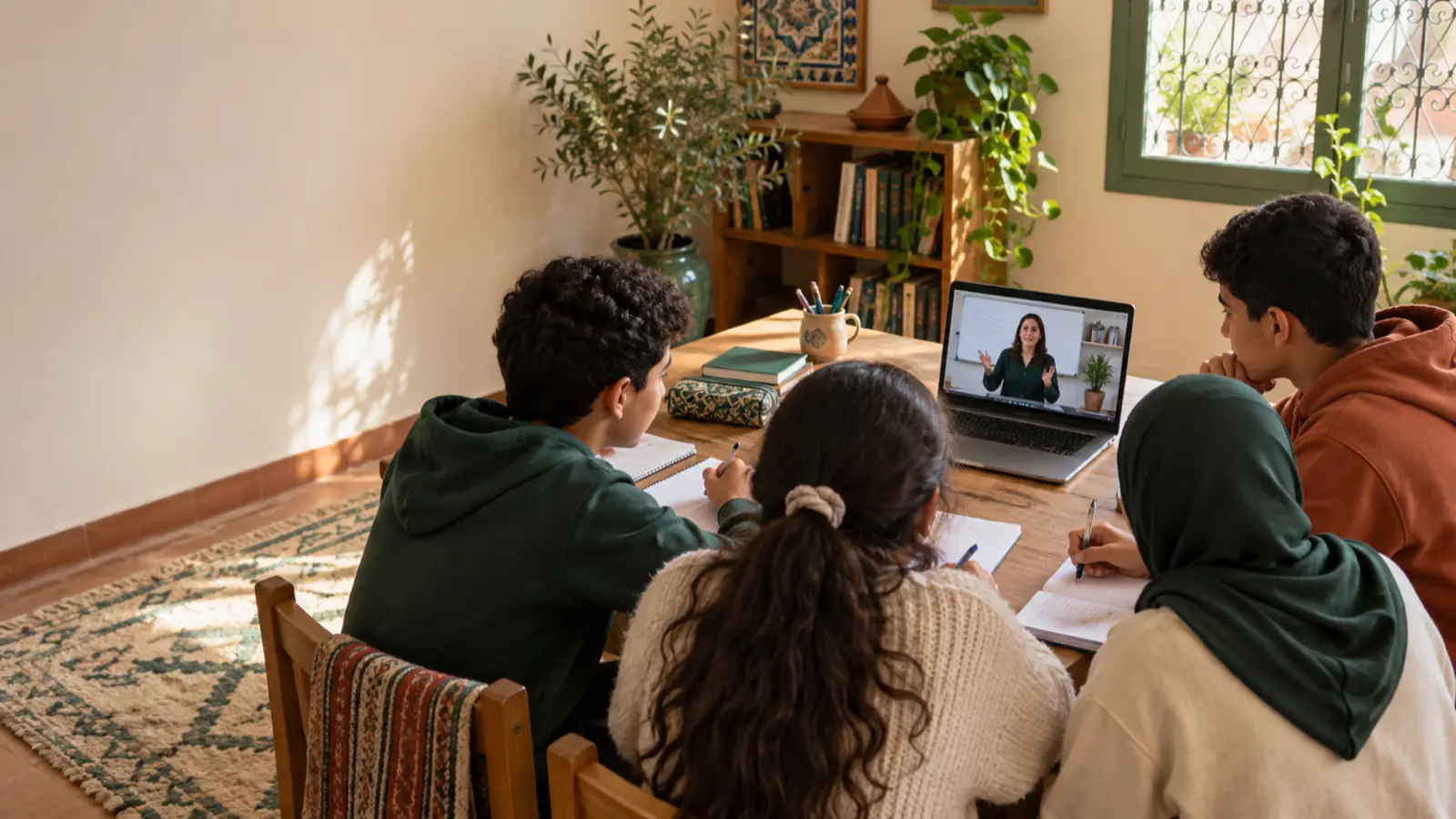 Quatre élèves marocains travaillent ensemble autour d'un ordinateur