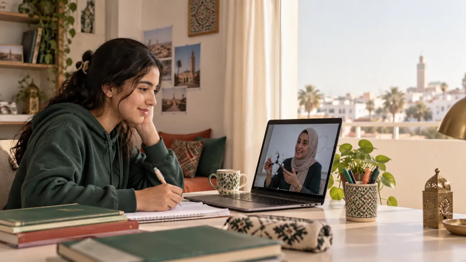 Une lycéenne marocaine suit un cours depuis chez elle